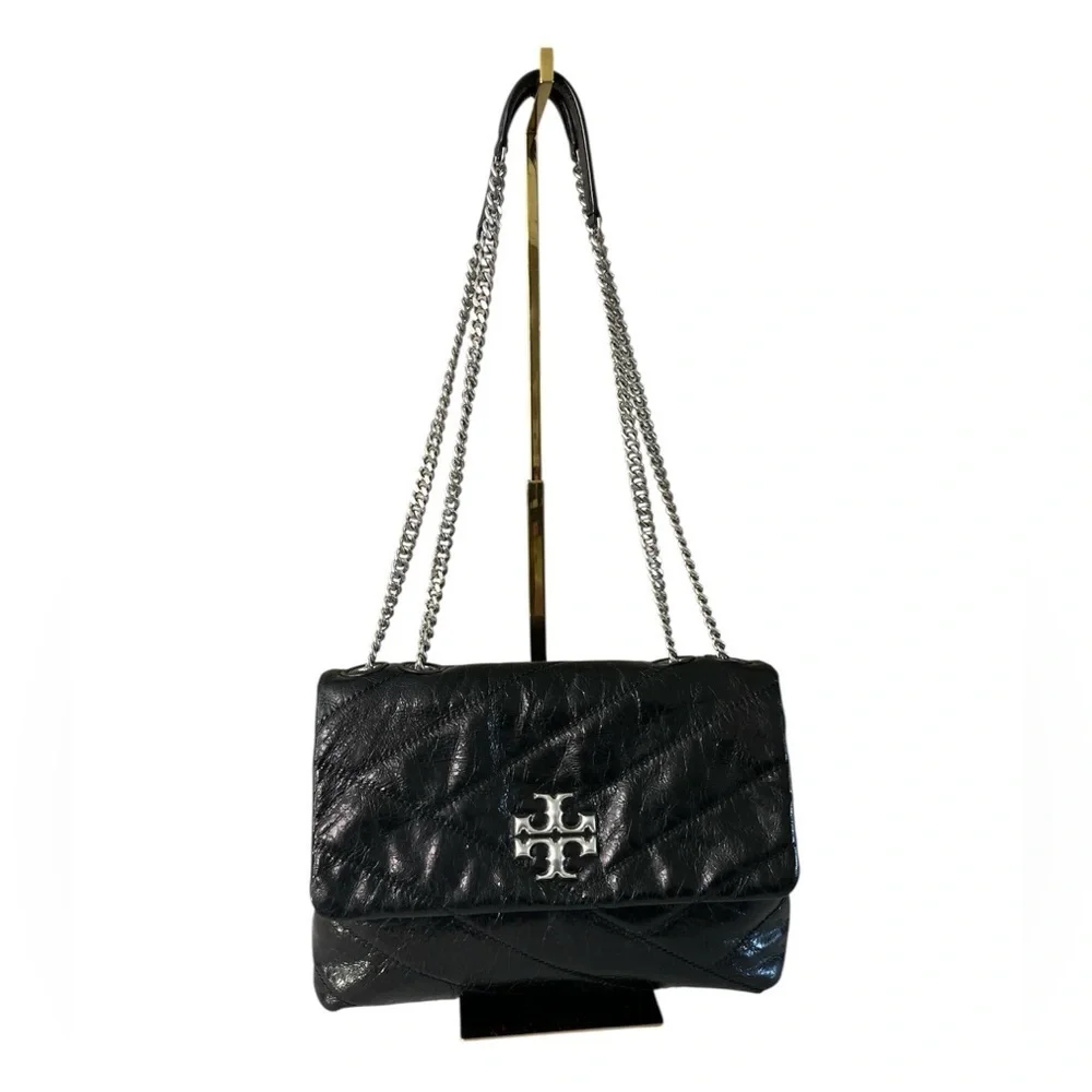 Tory Burch Kira Black Glazed Leather Crossbody Shoulder Bag Silver Hardware
